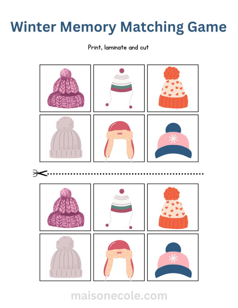 winter hat matching games for preschoolers